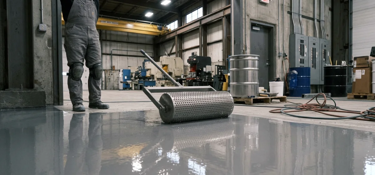 Worker running a spiked roller across a freshly poured self-leveling floor in an industrial shop