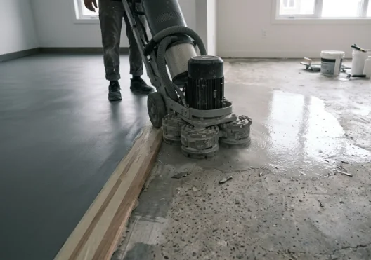 Operator running a planetary diamond grinder across a concrete floor