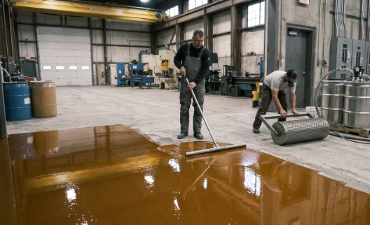 Worker spreading amber primer across a slab with a squeegee